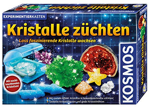 KOSMOS 643522 Kristalle züchten. Lass faszinierende Kristalle wachsen. Komplett-Set, nachtleuchtende, glitzernde Kristalle, Blitzkristalle, Druse, Schatztruhe, Deko, Experimentierkasten