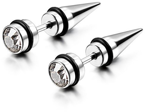 Flongo Edelstahl Gestüt Stecker Ohrringe Ohrstecker Ohrhänger Strass Silber Screw Spike Spitze Schraube Fake Plug Taper Kegel Herren