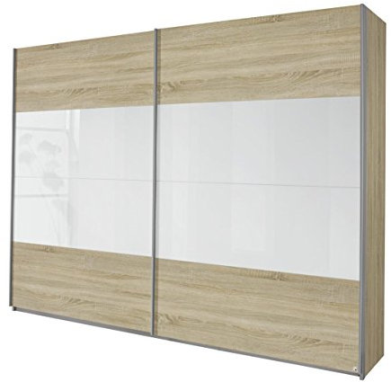 Rauch Möbel Quadra Kleiderschrank, Schwebetürenschrank, 2-türig, inkl. Zubehörpaket Basic 4 Einlegeböden 2 Kleiderstangen, Farbe Eiche Sonoma/Glas Weiß, BxHxT 181x229x62cm