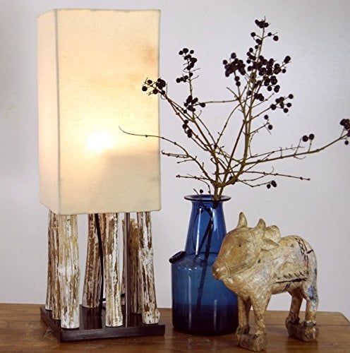 GURU SHOP Tischleuchte/Tischlampe Kowari, in Bali Handgemachtes Unikat aus Naturmaterial,Treibholz, Baumwolle - Modell Kowari, 52x17x17 cm