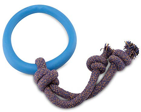 Beco Pets Hoop on Rope - Natural Rubber Hoop and Cotton Rope Tug and Chew Toy for Dogs - S - Blue