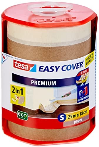 tesa Easy Cover Premium Abdeckfolie für Malerarbeiten - 2 in1 Malerfolie zum Abdecken und Kreppband zum Abkleben - Nachfüllbar, mit Abroller - 25 m x 18 cm