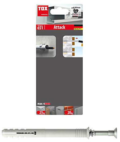 TOX Nageldübel Attack 6/40 mit Dübel 6 x 40 mm und Nagelschraube 4 x 43 mm, für Befestigungen von Holzbauteilen in Voll- und Lochstein, 12 Stück, 017702101