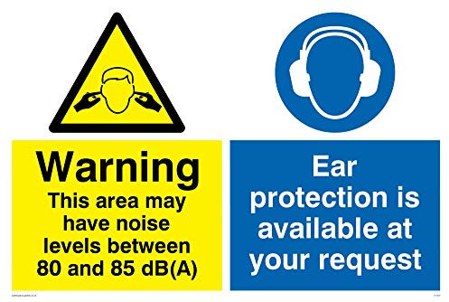 Viking Signs CP269-A4L-V Warning This Area May Have Noise Levels Between 80 And 85 dB(A), Ear Protection Is Available At Your Request Sign, Vinyl/Sticker, 300 mm H x 200 mm W