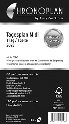 Chronoplan 50243 Kalendereinlage 2023, Tagesplan im Midi Format (96x172 mm), Ersatzkalendarium, ideal für detaillierte Tagesplanung, Multilochung (1 Tag auf 1 Seite), weiß