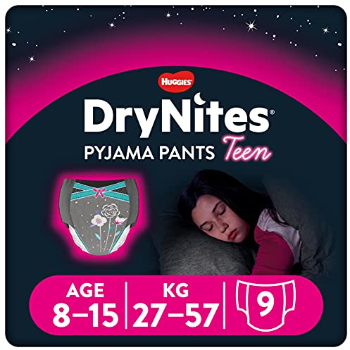 Huggies DryNites Schlafanzughose für Mädchen – Größen 8–15 Jahre – diskrete Nachtunterwäsche mit aufregenden Designs – maximaler Schutz für Teenager-Bett-Wetting, (9 Hosen)