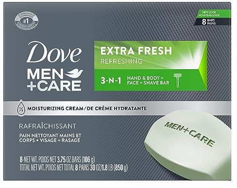 DOVE MEN + CARE 3 in 1 Bar Cleanser for Body, Face, and Shaving Extra Fresh Body and Facial Cleanser More Moisturizing Than Bar Soap to Clean and Hydrate Skin 3.75 Ounce (Pack of 8)