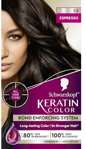 Schwarzkopf Keratin Permanent Hair Dye Cream, 3.0 Espresso, Professional Quality Color for Up to 100% Gray Coverage, Bond Enforcing System