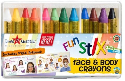 Dress Up America Face Paint Crayons - With Artbook & Easy To Follow Facepainting Designs -Safe Non-Toxic Face And Body Paint Made in Taiwan - Halloween Makeup Face Painting Kit for Kids & Adults