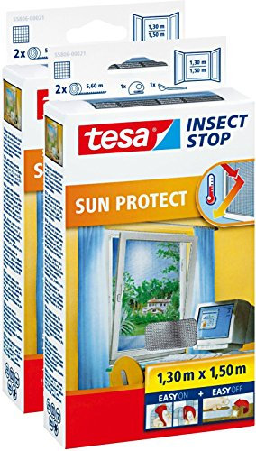 2 Stück tesa Fliegengitter für Fenster inkl. Sonnenschutz, beste tesa Qualität, 1,3m x 1,5m