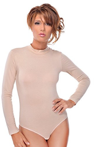 Evoni, body da donna a maniche lunghe, coprente, in cotone, con colletto a lupetto, beige., XXL