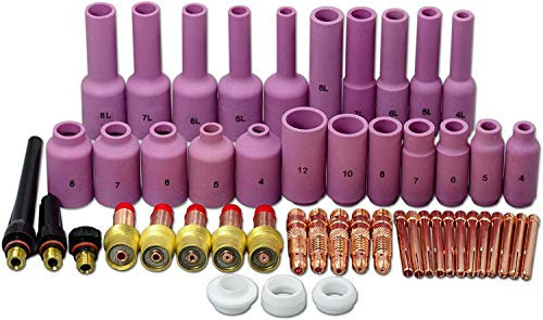 RIVERWELD Tappo posteriore per lente gas Jumbo Ugello lungo in allumina Tazze in ceramica Kit di dimensioni assortite adatto per QQ300 PTA DB SR WP 17 18 26 Torcia per saldatura TIG 50 pezzi