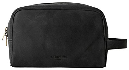 HOLZRICHTER Berlin Großer Leder Kulturbeutel zum Aufhängen - Premium Kulturtasche für Herren und Damen - schwarz