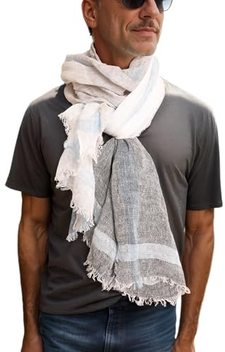 Prettystern 200cm Lang Gestreifter Lässig 4-seitliche Fransen Schal 100% Leinen XXL Style Herrenschal - Blau weiß grau