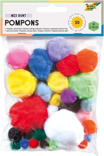 folia 50309 - Pompons, 30 Stück sortiert in verschiedenen Größen und Farben, ideal für farbenfrohe Bastelarbeiten