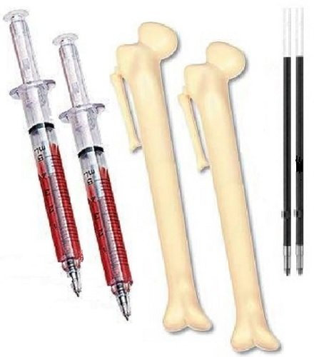 Novelty Syringe and Bone Pen Quad Pack - Writes in Black Ink - Free Refills for Syringe pens
