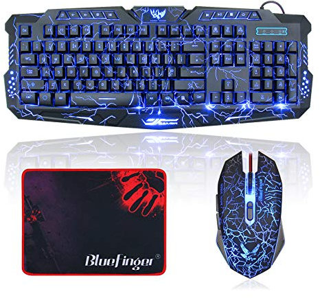 BlueFinger Gaming Keyboard and Mouse,USB Wired Backlit Gaming Mouse and Keyboard Combo,Letters Glow, 3 Color Crack Backlit,Illumination Keyboard and Mouse Set for Game and Work