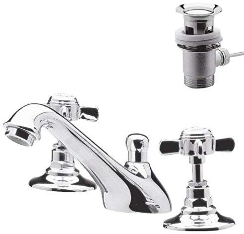 nuie I307X Beaumont Traditional Bathroom Crosshead Handle 3 Tap Hole Basin Mixer Tap with Pop-Up Waste, 85 x 50 x 165mm , Chrome