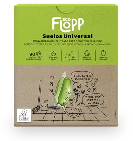 Flopp - Fregasuelos Universal Ecológico | 90 cápsulas | Etiqueta EU Ecolabel | Limpiador de Suelos Eco Limpiapisos Friegasuelos. Flopp: Limpia sin Ensuciar el Planeta.