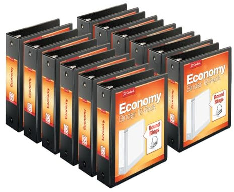 Cardinal Economy 3-Ring Binders, 3, Round Rings, Holds 625 Sheets, ClearVue Presentation View, Non-Stick, Black, Carton of 12 (90650)