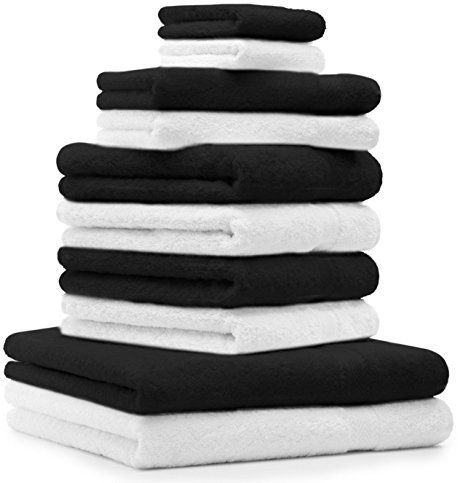 Betz 10-TLG. Handtuch-Set Premium 100% Baumwolle 2 Duschtücher 4 Handtücher 2 Gästetücher 2 Waschhandschuhe Farbe Dunkel Blau & Silber Grau