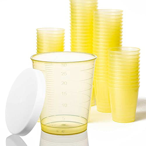 Tuuters.de 300x Medikamentenbecher, 30ml - bruchsicher, Schnapsbecher, Medizinbecher (Gelb + Deckel)