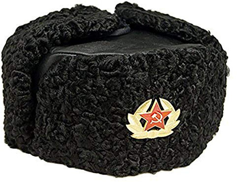 Noir Chapeau Fourrure DE Mouton Russia Ushanka Trapper Bonnet ET Badge avec Marteau DE Mort Faucille
