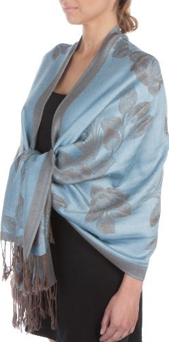 Sakkas PashRose06AG léger deux tons Rose Floral Fringe conception Pashmina Foulard/volé/Wrap - acier bleu/gris