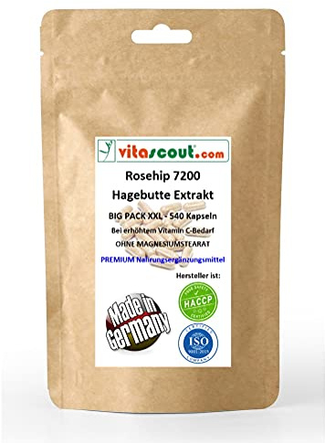 Rosehip/Hagebutte Extrakt 7200 II 540 Kapseln - MADE IN GERMANY - OHNE MAGNESIUMSTEARAT - PREMIUMQUALITÄT von VITASCOUT®