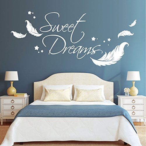 Wandtattoo Loft Wandaufkleber Schriftzug Sweet Dreams Zitat mit Federn und Sternen / 30 Farben / 3 Größen