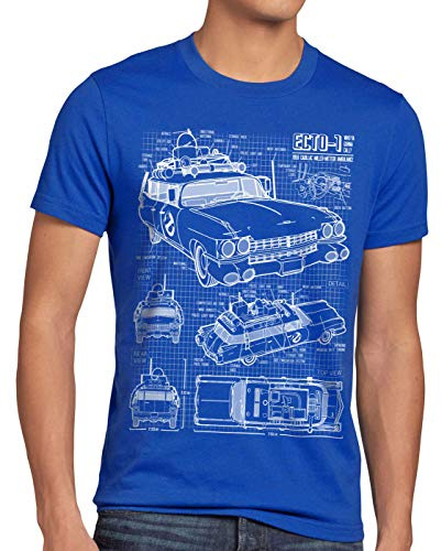 style3 ECTO-1 Blaupause Herren T-Shirt geisterjäger, Größe:XL, Farbe:Blau