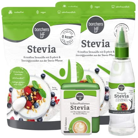 borchers bff Stevia Probierpaket | 2x Kristall Streusüße 300g | 1x Flüssigtafelsüße 125ml | 1x Tabletten 120Stück