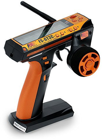 Flysky 3CH AFHDS RC Car & Boat Transmitter & Receiver Set, FS-GT3C & FS-GR3E, Orange, Kid, Teen, 1x Rechargeable 3.7V Li-ion Battery, USB Cable, Rubber Handle