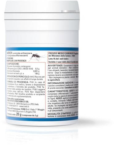 Larvicida Antizanzare, Larvicida in Compresse Effervescenti, Efficace Contro Tutte le Zanzare, 100% Made in Italy - Barattolo 10 Compresse (20g)