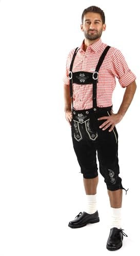 Almbock Herren Trachten Lederhose lang - Trachtenhose schwarz Herren mit verstellbaren Hosenträgern - Kniebundhose Leder - Trachtenlederhose 50
