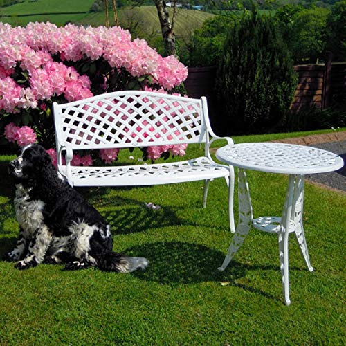 Lazy Susan Jasmine Metal Garden Bench | 2-seater in White with Dark Blue Cushion | Weatherproof Garden Bench | Cast aluminium | Rust Proof | 3 Year Guarantee