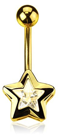Paula & Fritz® Bauch-nabelpiercing Stern Zirkonia Clear Bananabell Bauch-Piercing Edelstahl Chirurgenstahl 316L 14 Karat vergoldet