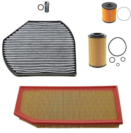 BESTPRICE Inspektionspaket Filterset mit 1x Luftfilter, 1x Innenraumfilter (Pollenfilter) mit Aktivkohle, 1x Ölfilter, 1x Kraftstofffilter, Kompatibel mit MERCEDES E-Klasse (W210) (S210)