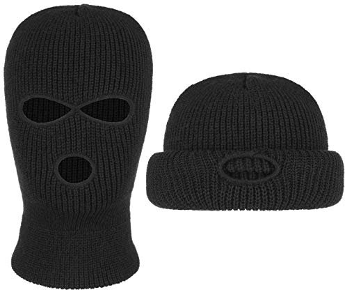 Balaclava Strickmütze Sturmhaube - Umschlagbarer Gesichtsschutz - Schlupfmütze in unifarbenem Strick - Skihaube One Size 55-62 cm - Sturmmaske Sommer/Winter schwarz One Size