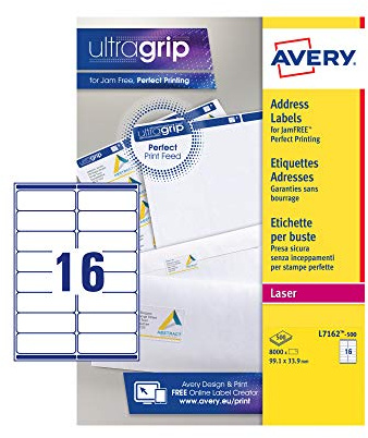Avery Printable, Customisable Address Mailing Labels, Laser Printers, 16 Labels per A4 Sheet, 8000 Labels, UltraGrip (L7162), White, 500 Sheets