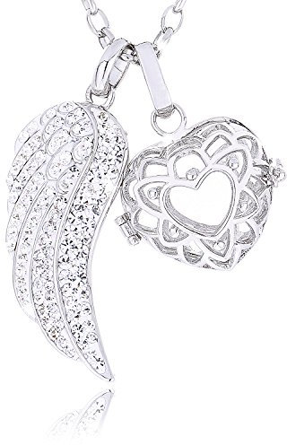 Morella Damen Engelsfeder Anhänger mit Zirkoniasteinen und Halskette Edelstahl 70 cm mit Herz Anhänger für 16 mm Klangkugeln in Schmuckbeutel