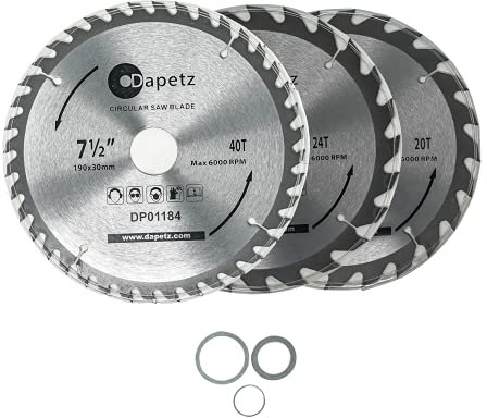 Dapetz ® 3Pc 190mm TCT 30mm Bore Circular Saw Blades 20, 24 & 40 Teeth Hardwood, Softwood,Tile Stone & Concrete,for Cutting Concrete, Masonry, Stone, Asphalt,Marble, Retractories, Granite.