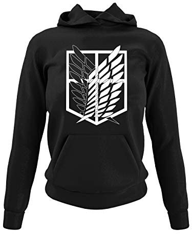 clothinx AOT Scouting Legion Anime und Manga Design mit Titan Aufklärungstrupp Wappen-Schild Perfekt für Cosplay Fans und die nächste Convention Damen Kapuzen-Pullover Schwarz Gr. M