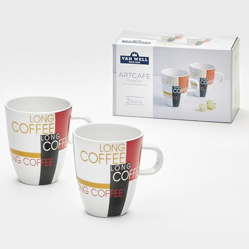 Van Well XXL Kaffeebecher 2er Set – Art Café Tassen 36,8 cl – Große Porzellantassen mit Henkel – Modernes Design – Spülmaschinengeeignet