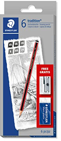 STAEDTLER 61 110 C6 Tradition Graphitstift zum Zeichnen und Skizzieren, verschiedene Grade (6 Bleistifte + Anspitzer und Radiergummi)