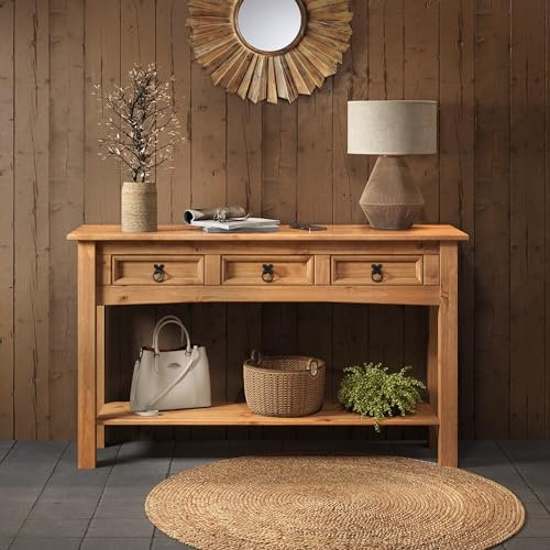 Corona Console Table 3 Drawer With 1 Shelf, Solid Pine Wood