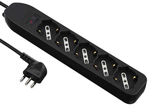 Electraline 62066 Multipresa 5 Posti polivalenti, Cavo 1,5 m-Spina Piccola 10A, Nero