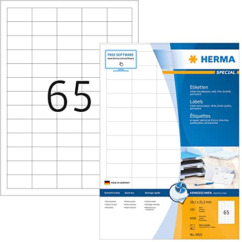 HERMA 4810 Universal Etiketten für Inkjet Drucker, 100 Blatt, 38,1 x 21,2 mm, 65 pro A4 Bogen, 6500 Stück, selbstklebend, bedruckbar, matt, Klebeetiketten Aufkleber für Tintenstrahldrucker, weiß