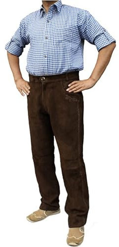 German Wear Trachten Lederhosen lang Herren aus echtem Ziegenleder – Braun mit Zopfstickerei & Gürtelschlaufen – Original weiche Trachtenhosen aus Wildleder für Volksfest & Alltag Braun - 58