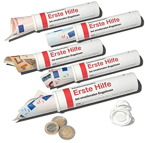 5er-Pack: ERSTE HILFE | Geld- & Geschenkröhrchen im Medikamenten-Stil | LUSTIGES GELDGESCHENK | ideal für Hochzeit Konfirmation Jugendweihe Umzug oder als Geldgutschein | made by Scherzboutique
